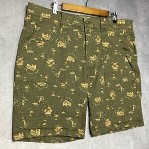 Mutual Weave Mens Graphic Shorts size 38 Green‎ Brown Flat Front Stretch Jeep